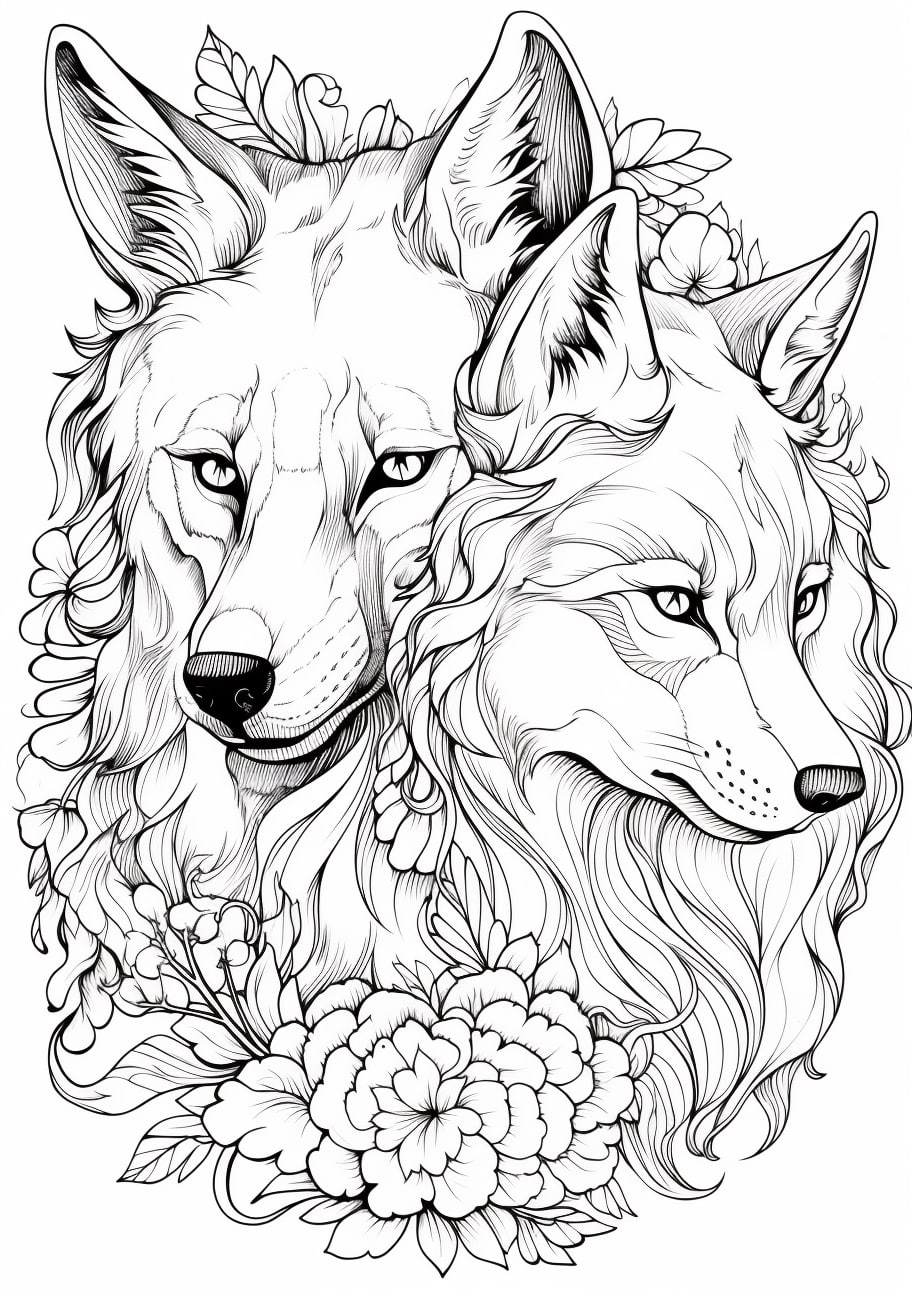 Canidae Coloring Pages, Beautiful wolf and fox art