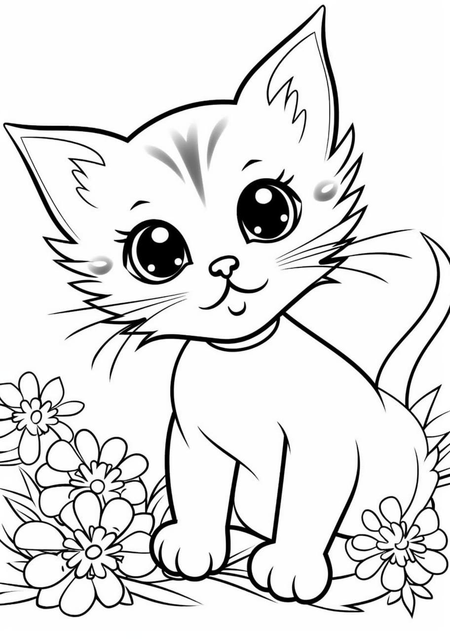 Kitten Coloring Pages, A beautiful kitten sitting in flowers