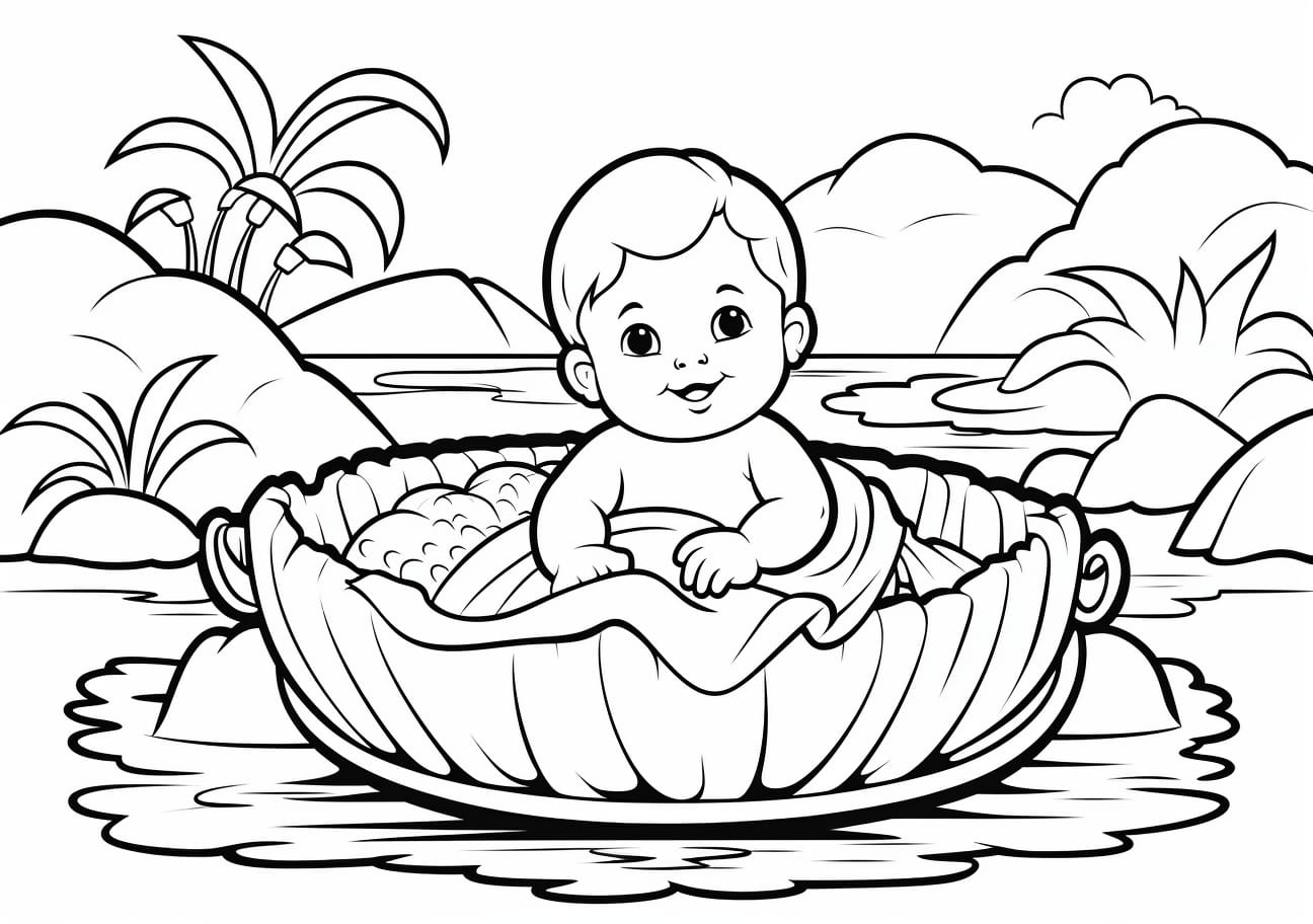 Baby Moses Coloring Pages, Baby Moses in Basket in river