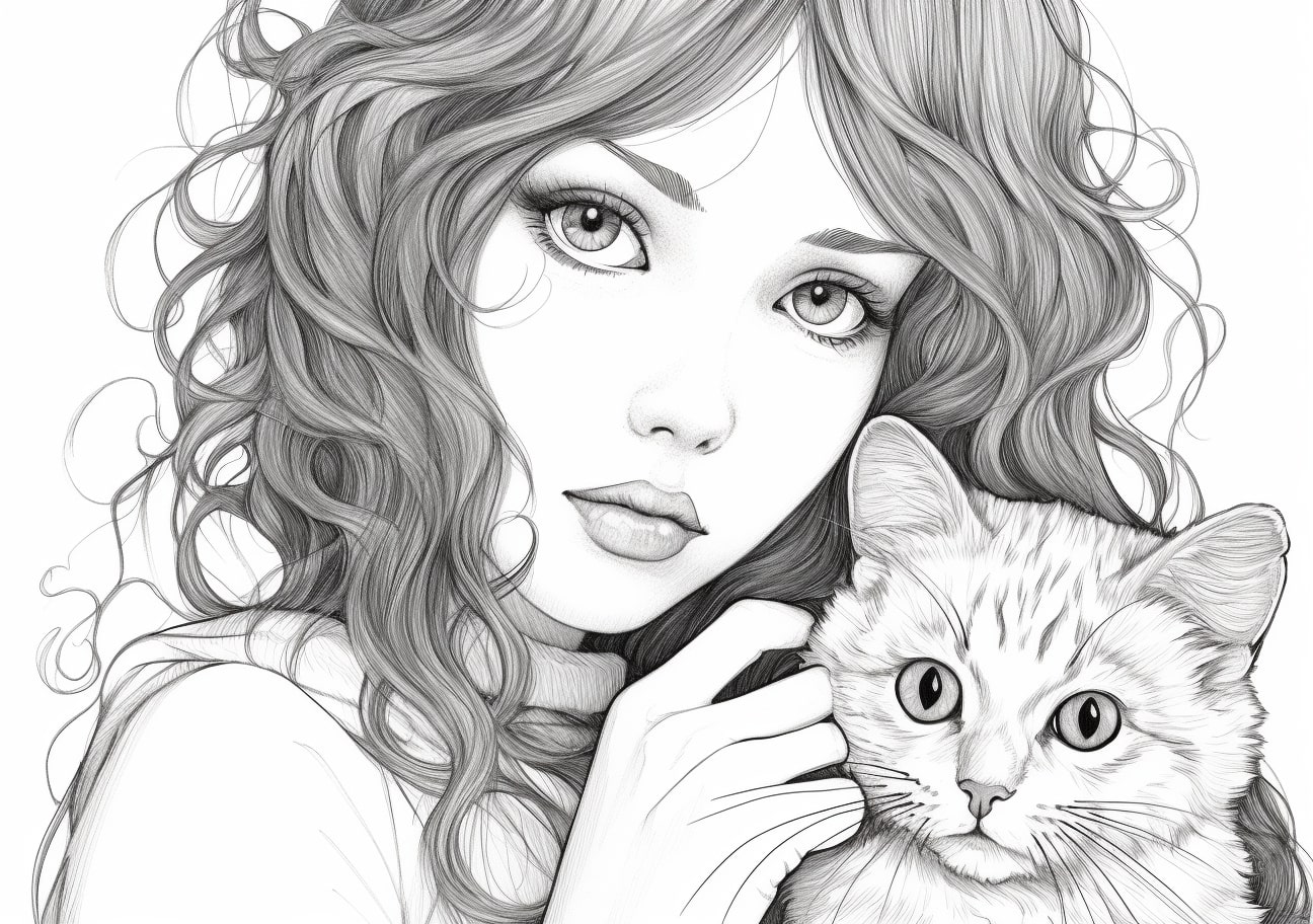 Pet Coloring Pages, Art coloring, girl with pet