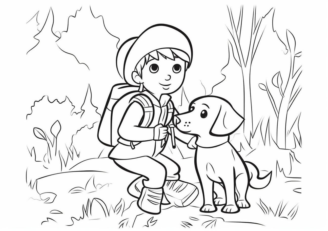 Pet Coloring Pages, A little boy with his favorite pet