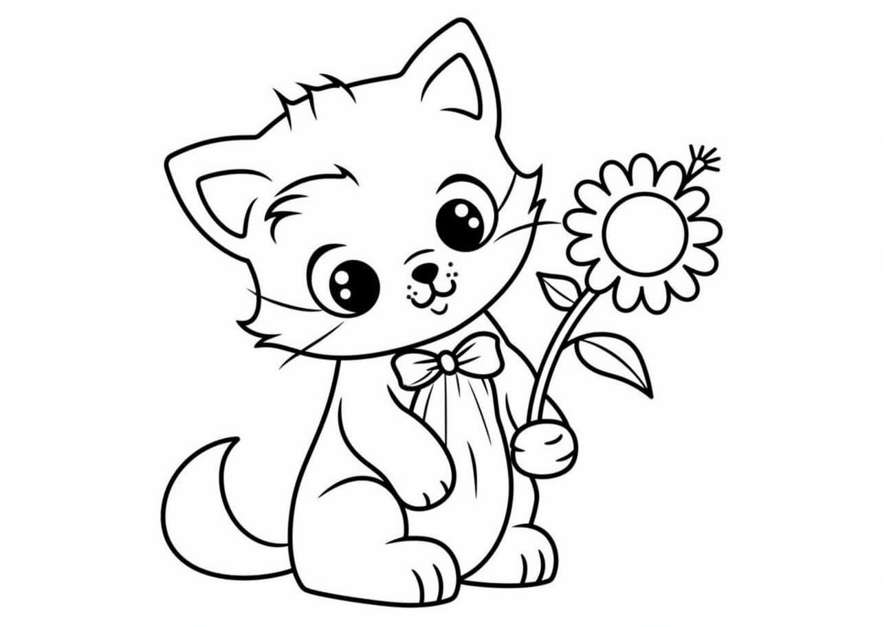 Kitten Coloring Pages, Smiling Kitten holds a flower in his paw