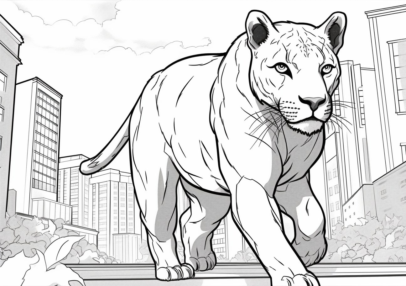 Panther Coloring Pages, Elegant realisctic Panther in city