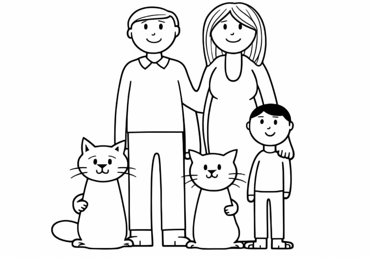 Pet Coloring Pages, family with two cats