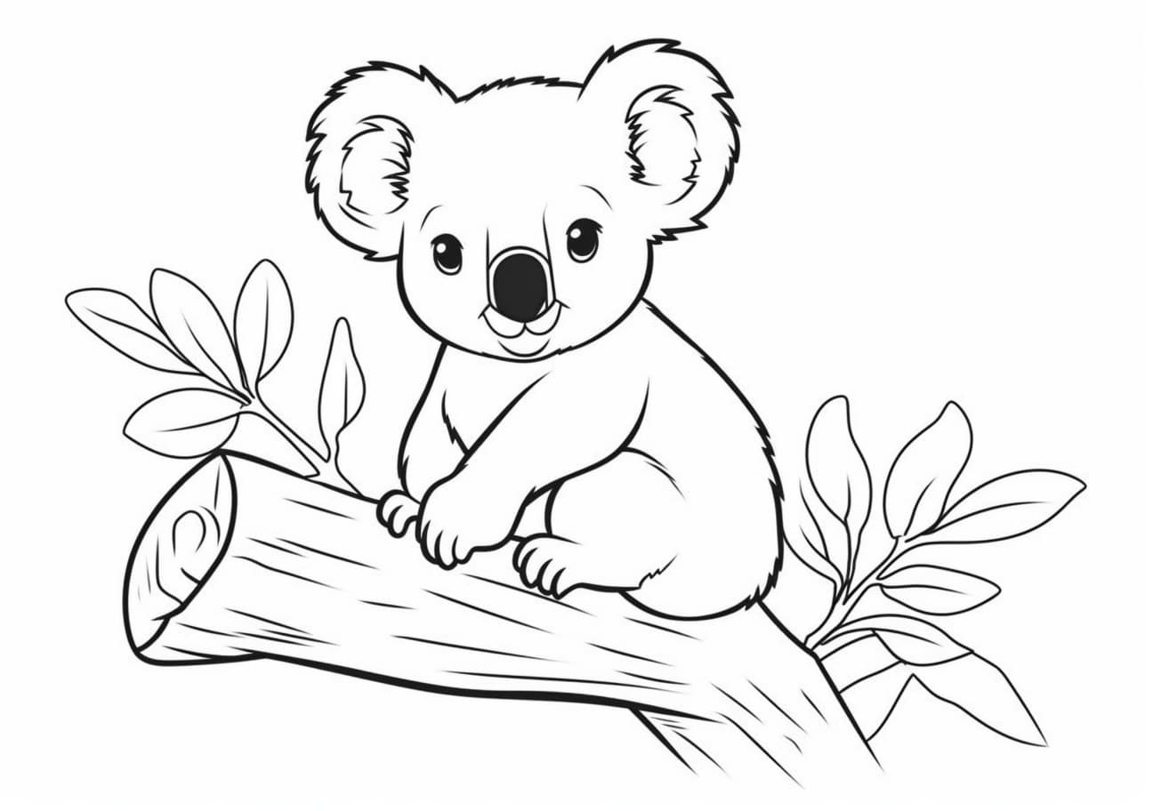 Koala Coloring Pages, Cute Koala on branch