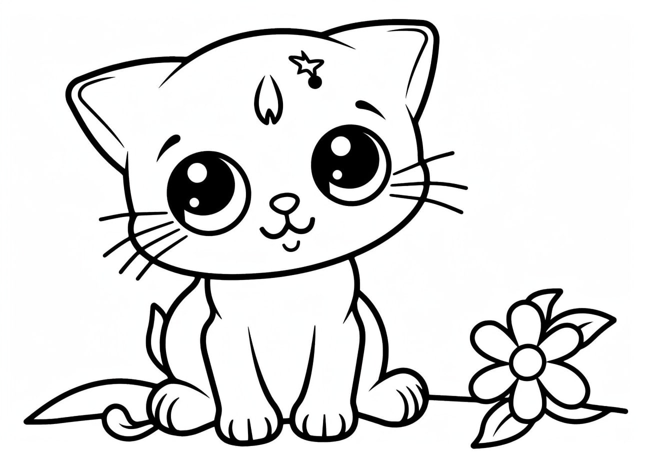 Kitten Coloring Pages, Beautiful kitten and flower