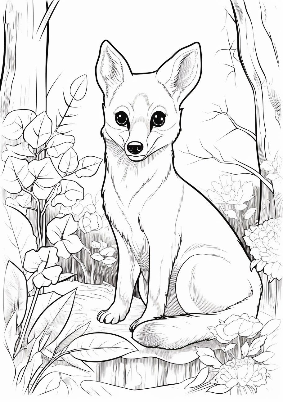 Mammals Coloring Pages, Cute fox and greenery around