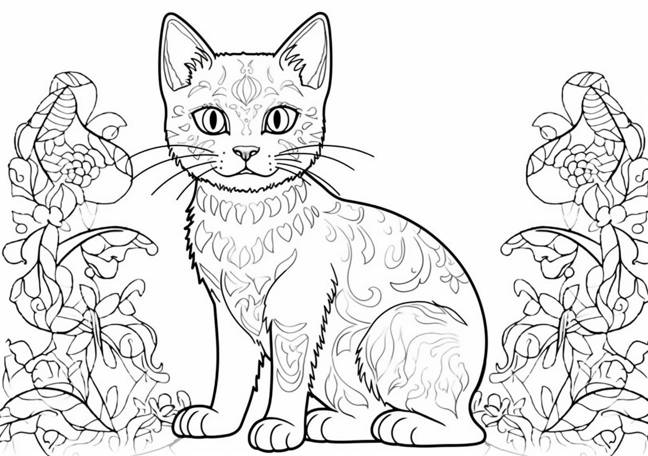 Cute Cat Coloring Pages, graceful cat, difficult coloring