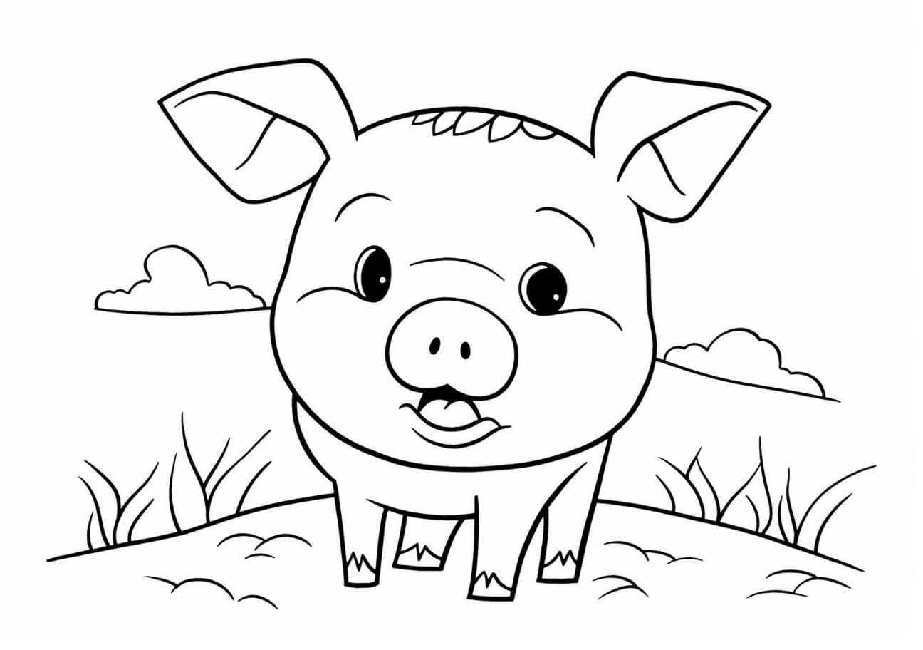 Pig Coloring Pages, cartoon piggy on grass