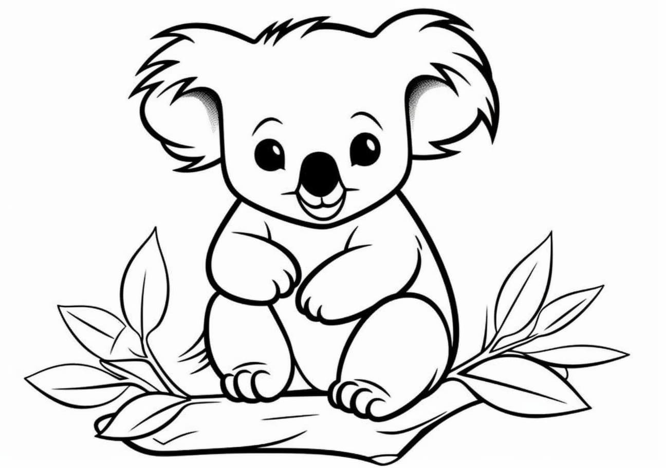 Koala Coloring Pages, Koala with branch and leaves