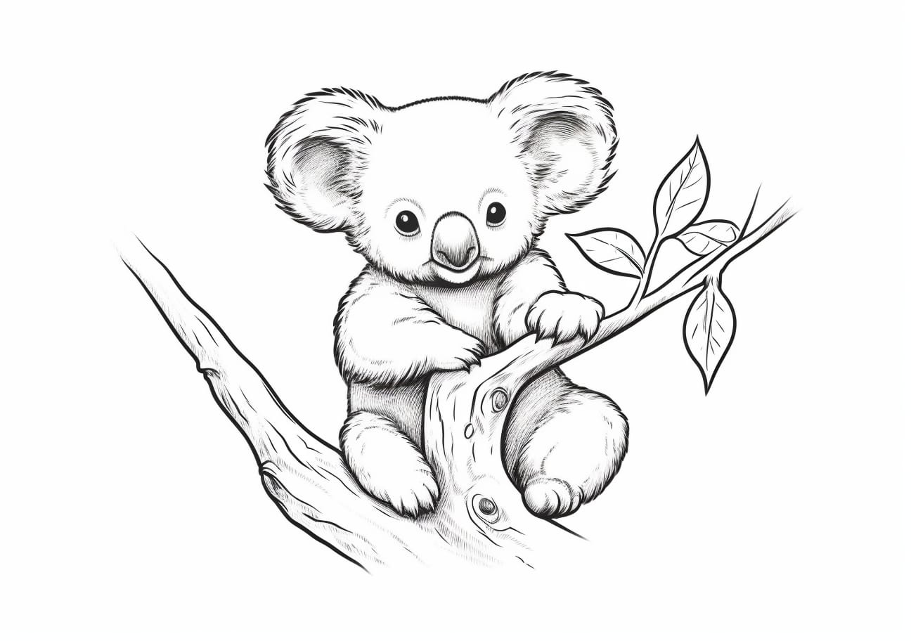 Koala Coloring Pages, Realistic Koala eat leaves