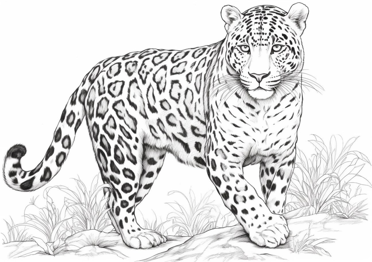 Leopard Coloring Pages, Realistic adult Leopard in open world