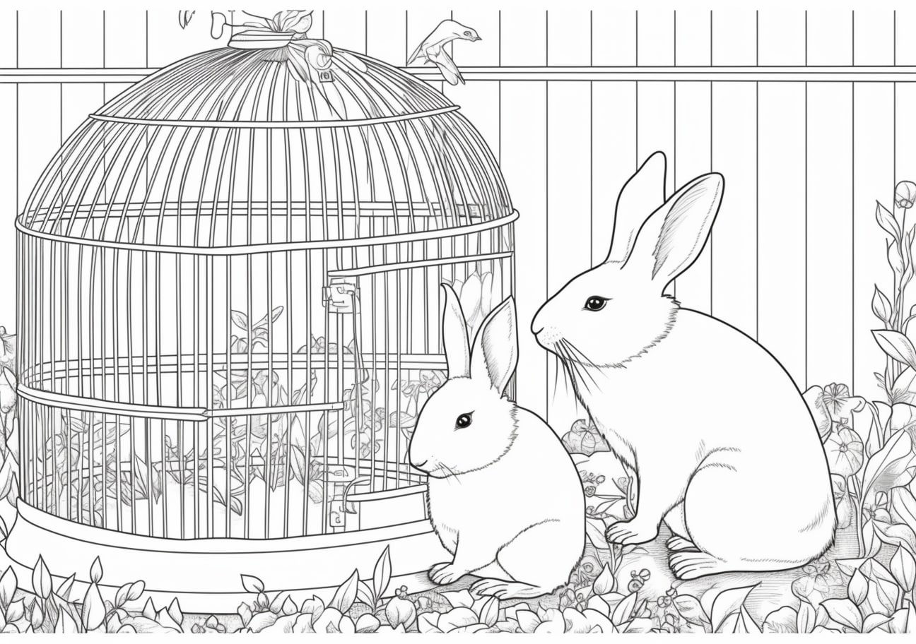 Rabbit Coloring Pages, two rabbits near cage