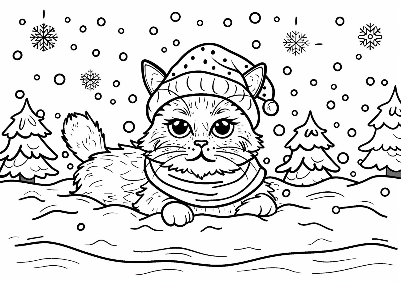 Christmas cat Coloring Pages, Christmas cat in snow