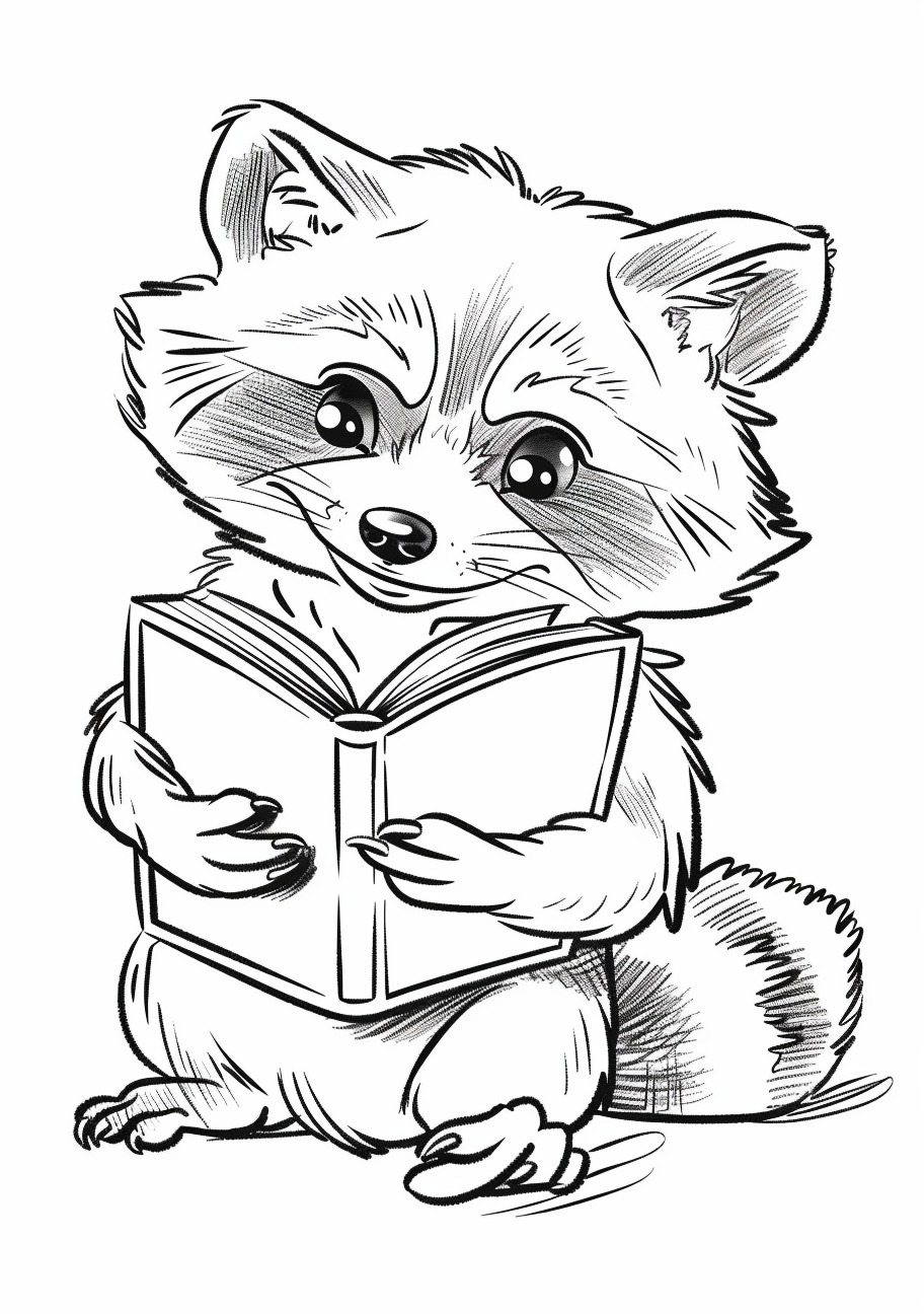 Raccoon Coloring Pages, Raccoon read book