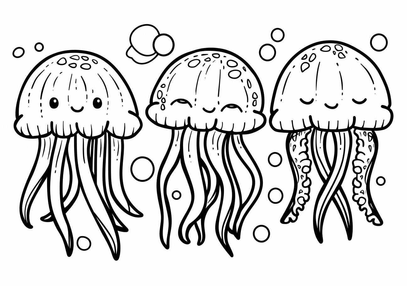 Jellyfish Coloring Pages, Three jellyfish with different emotions