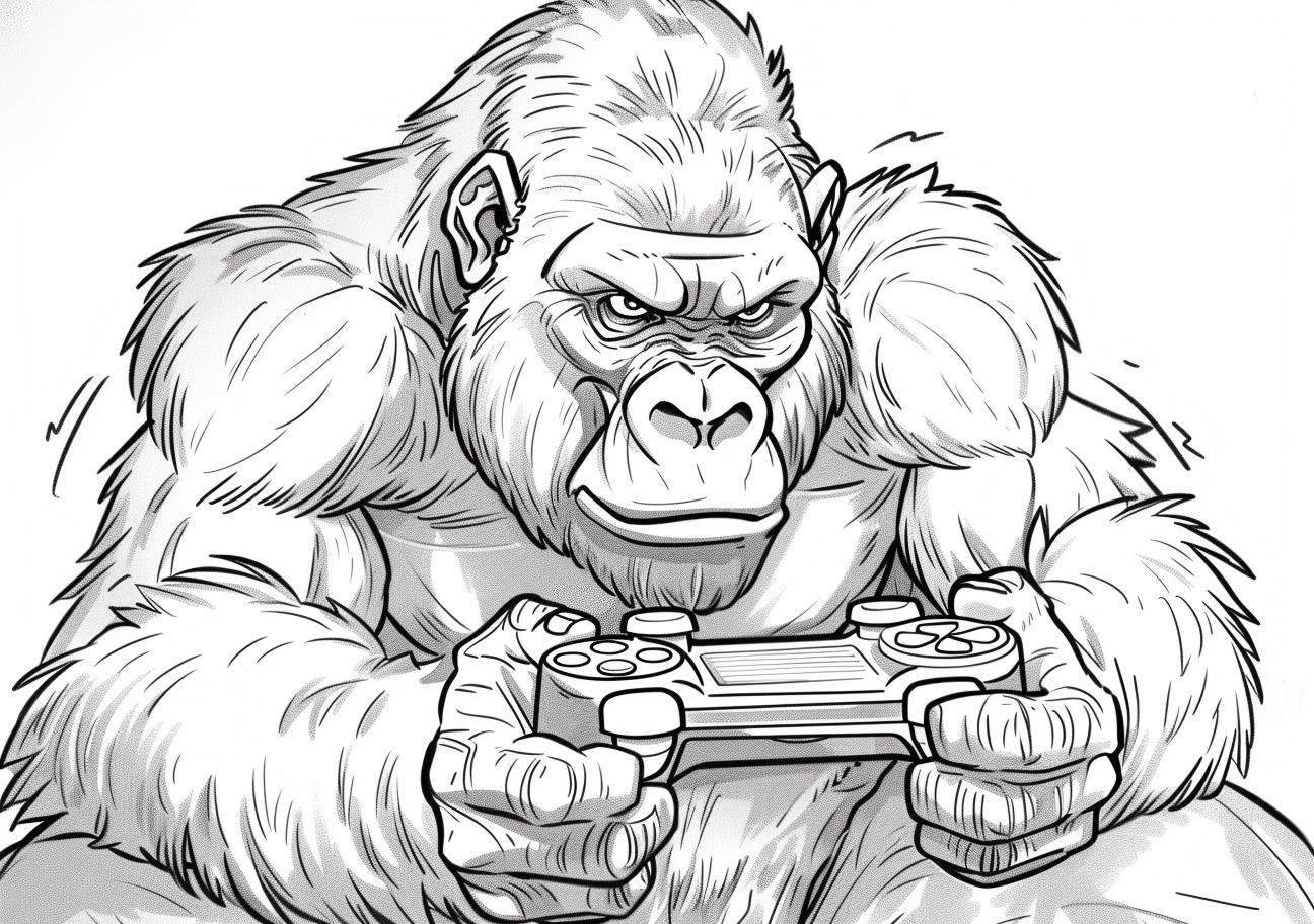 Gorilla Coloring Pages, Gorilla playing on videogame