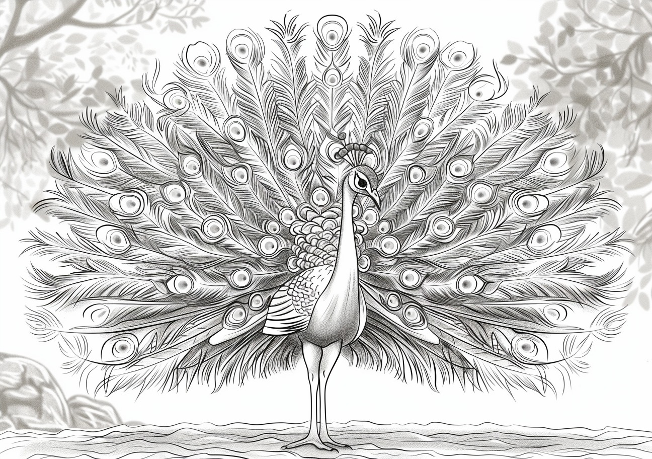 Peacock Coloring Pages, Realistic peacock staying on the grass