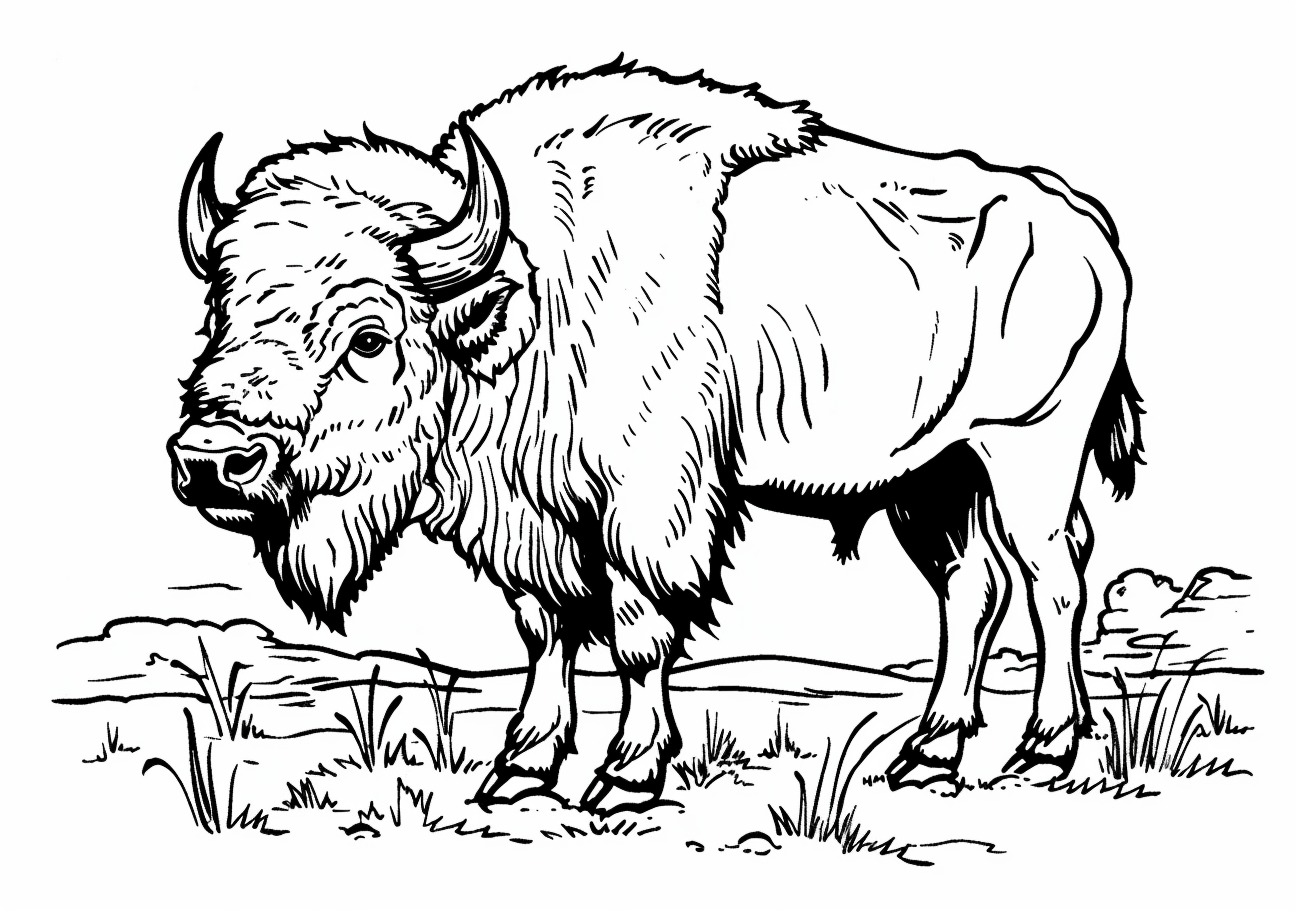 Buffalo Coloring Pages, Cartoon buffalo on the grass