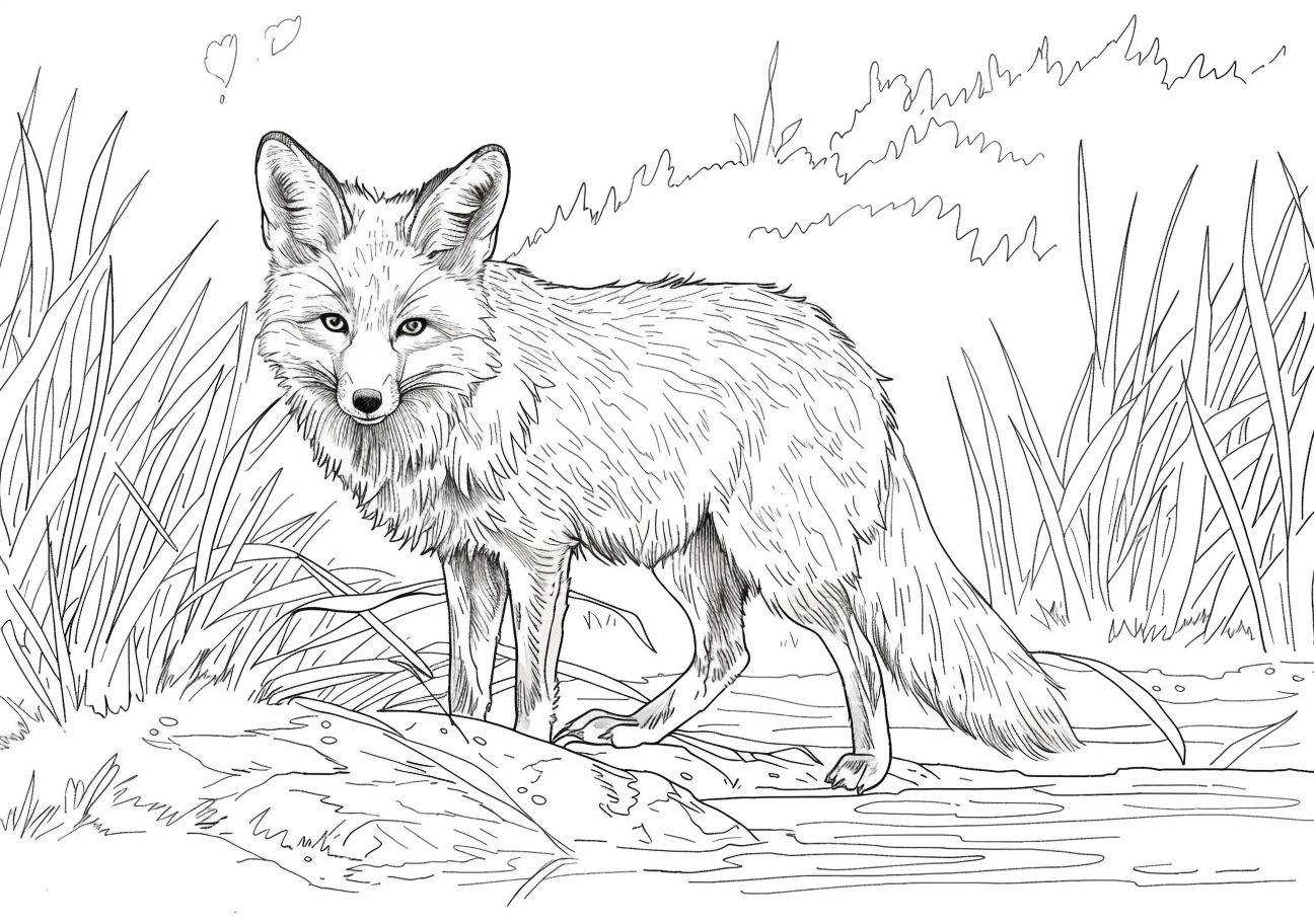 Canidae Coloring Pages, Fox at the watering hole