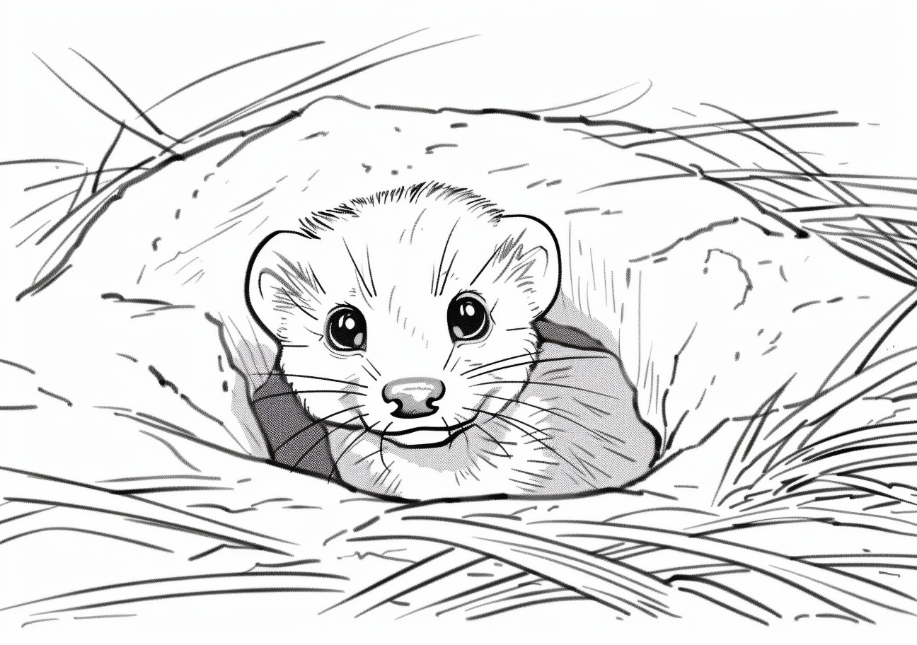 Ferret Coloring Pages, Ferret peeks out of hole