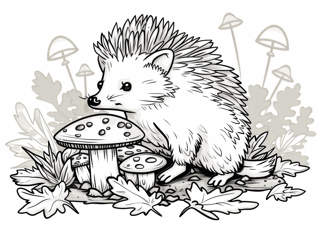 Hedgehog Coloring Pages, Hedgehog with mushrooms