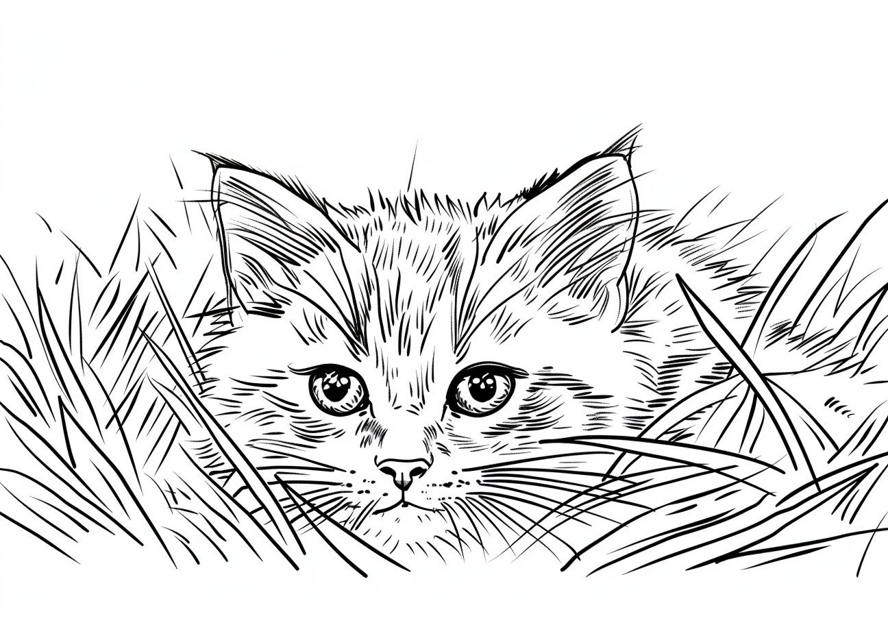 Kitten Coloring Pages, realistic kitten in the grass