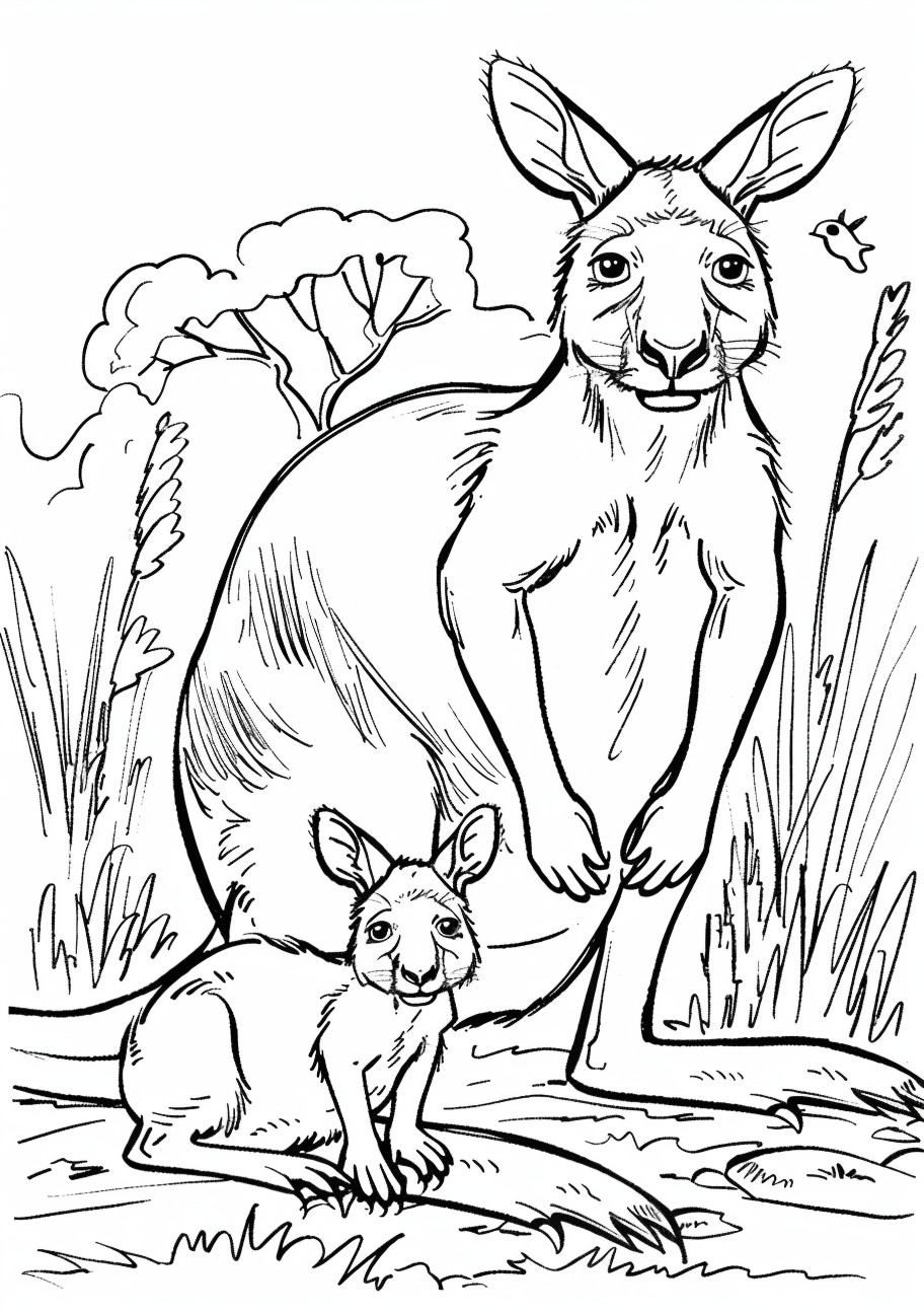 Kangaroo Coloring Pages, Kangaroo with cute babies