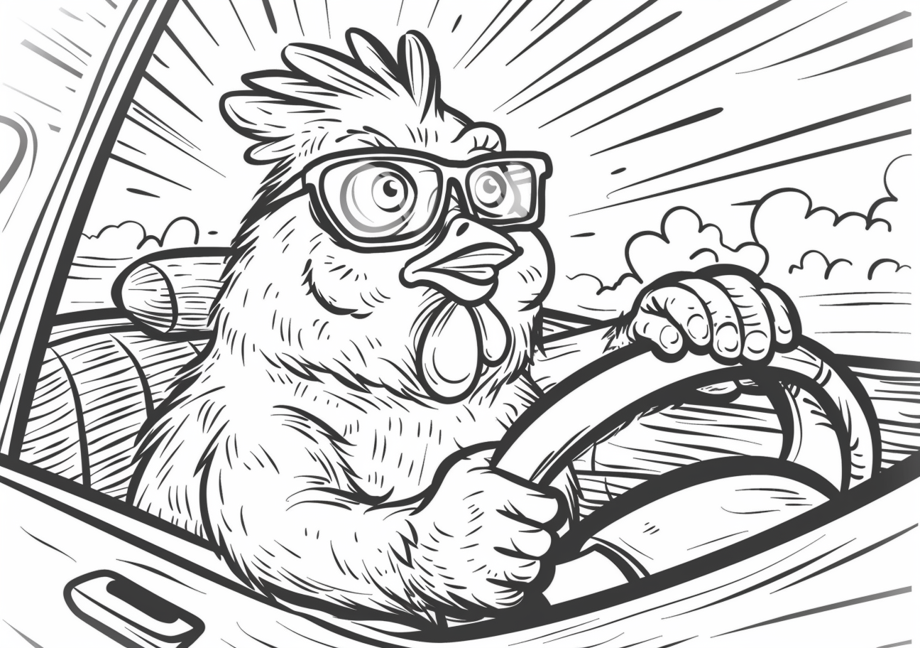 Chicken Coloring Pages, Chicken drives the car