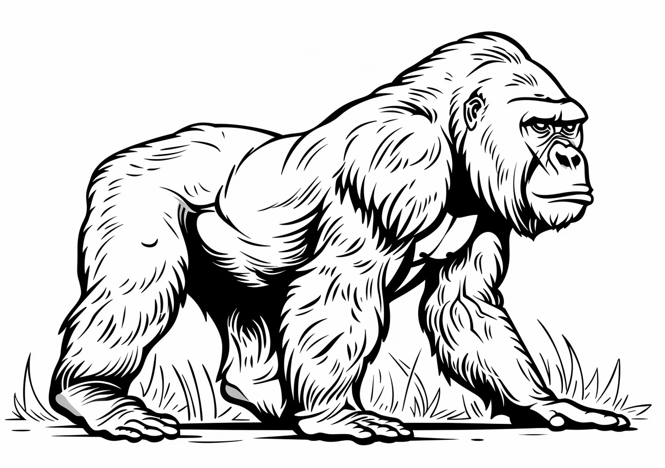 Primates Coloring Pages, Gorilla walks on the grass