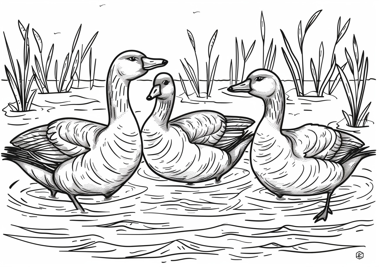 Geese Coloring Pages, Three cartoon geese