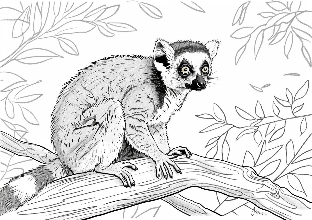 Primates Coloring Pages, Cute lemur seating on wood