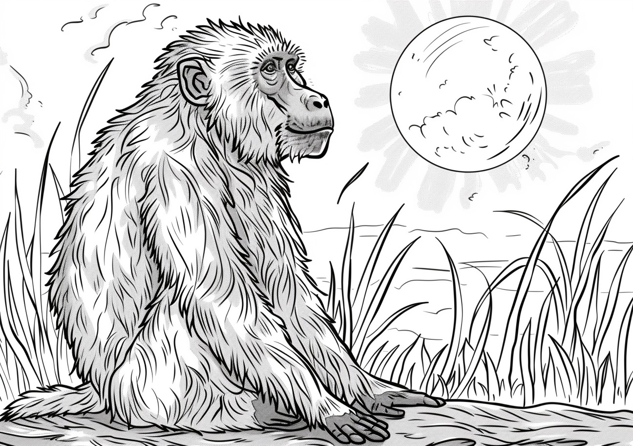 Primates Coloring Pages, Baboon sits by the river