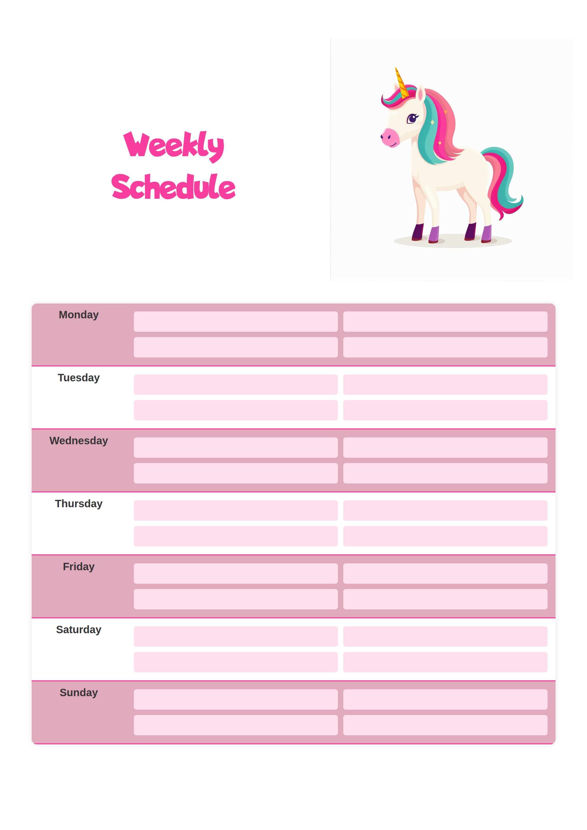 Game Schedule template, Weekly game scheduller for girls