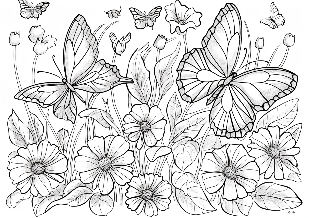 Butterflies And Flowers Coloring Pages, Butterflies collect pollen from flowers