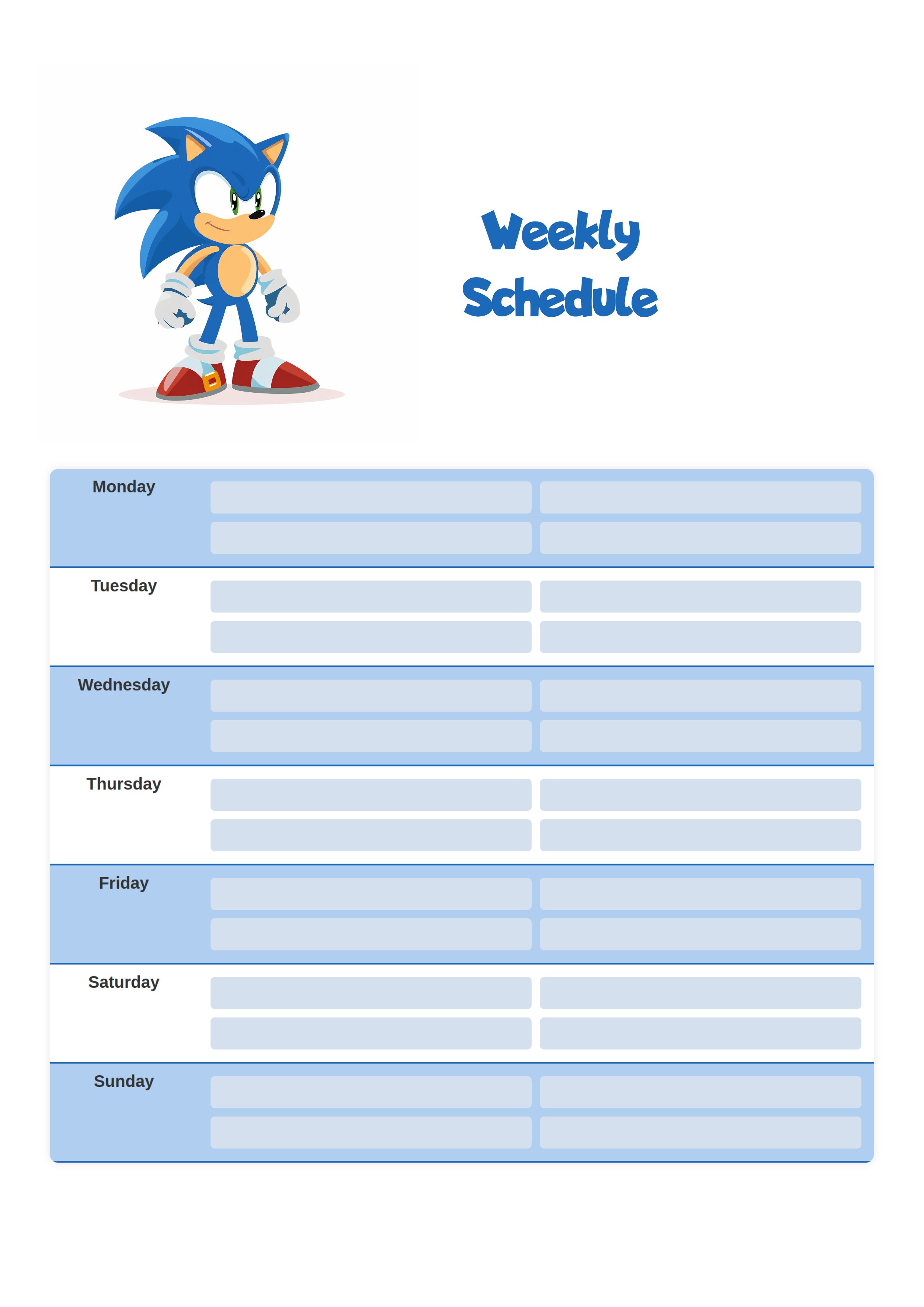 Game Schedule template, Weekly game scheduller for boys