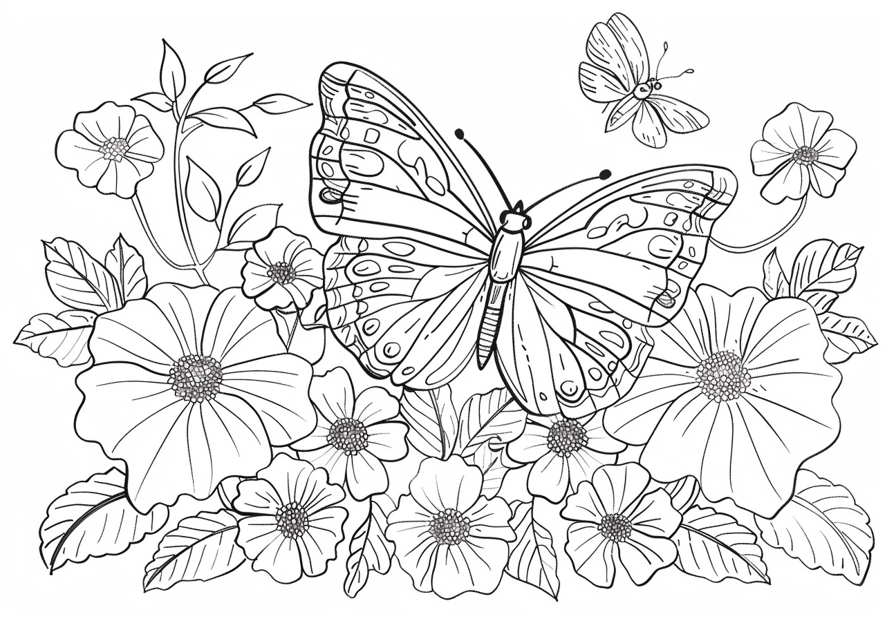 Butterflies And Flowers Coloring Pages, Butterflies fly near flowers