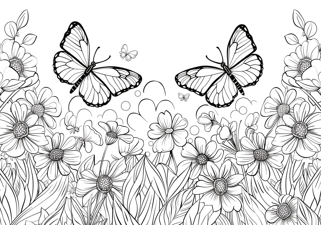 Butterflies And Flowers Coloring Pages, Bunch of flowers and butterflies