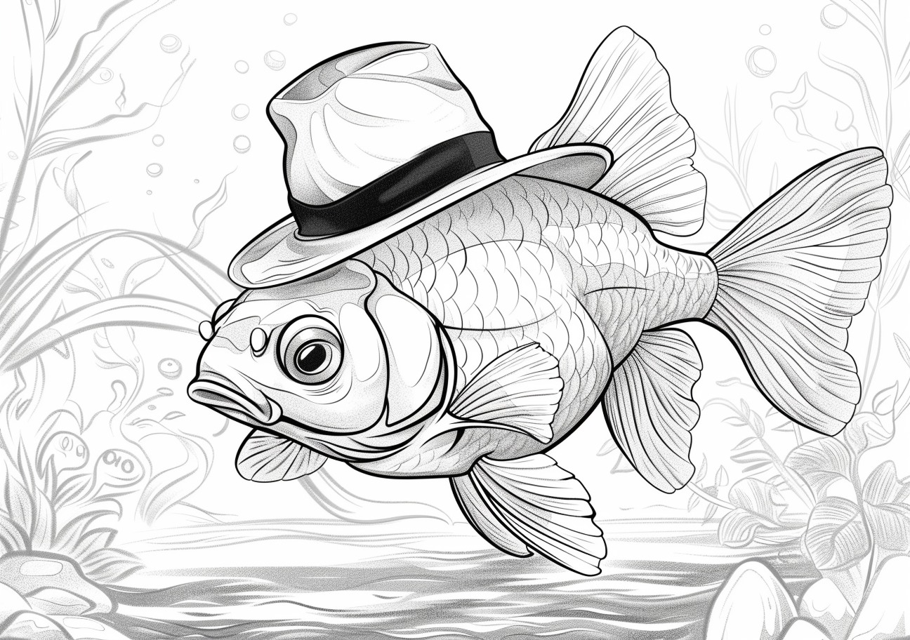 Goldfish Coloring Pages, goldfish in a hat