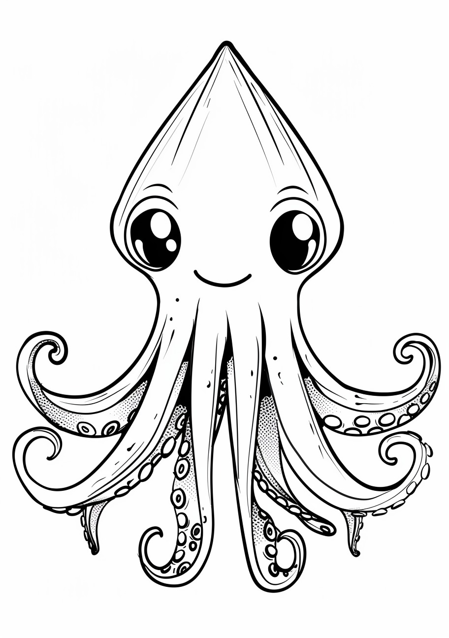 Squid Coloring Pages, Kawaii Squid