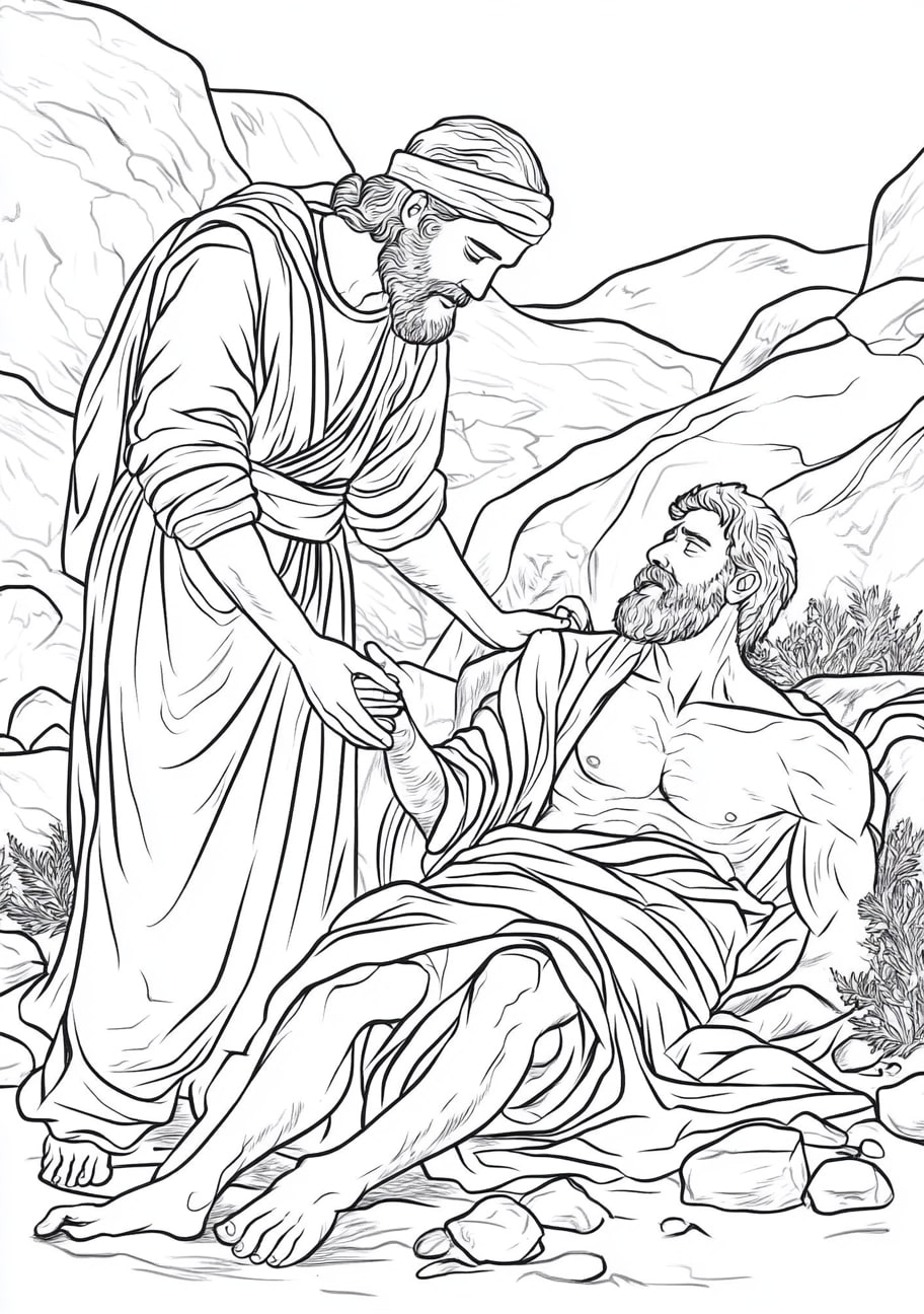 The Good Samaritan Coloring Pages, The Good Samaritan helping the injured man