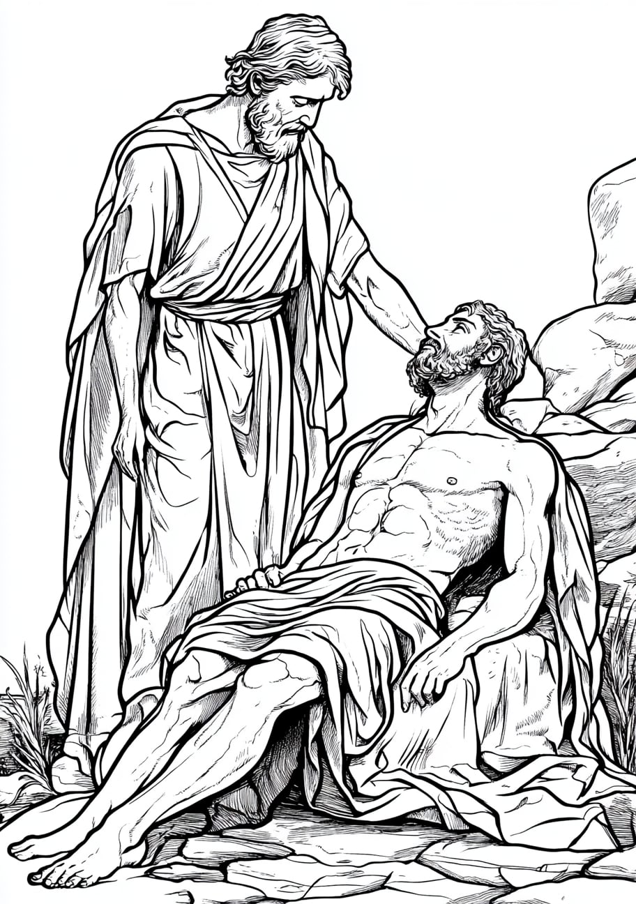 The Good Samaritan Coloring Pages, The Good Samaritan showing compassion to the injured ma