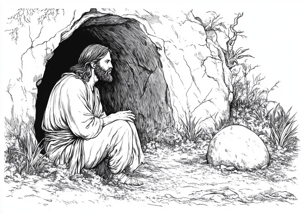 Jesus Resurrection Coloring Pages, Jesus emerging from the empty tomb with the stone rolle