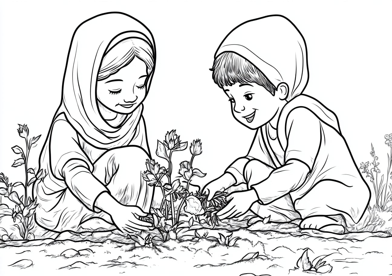 Isaac and Rebekah Coloring Pages, Rebekah and Isaac planting seeds together