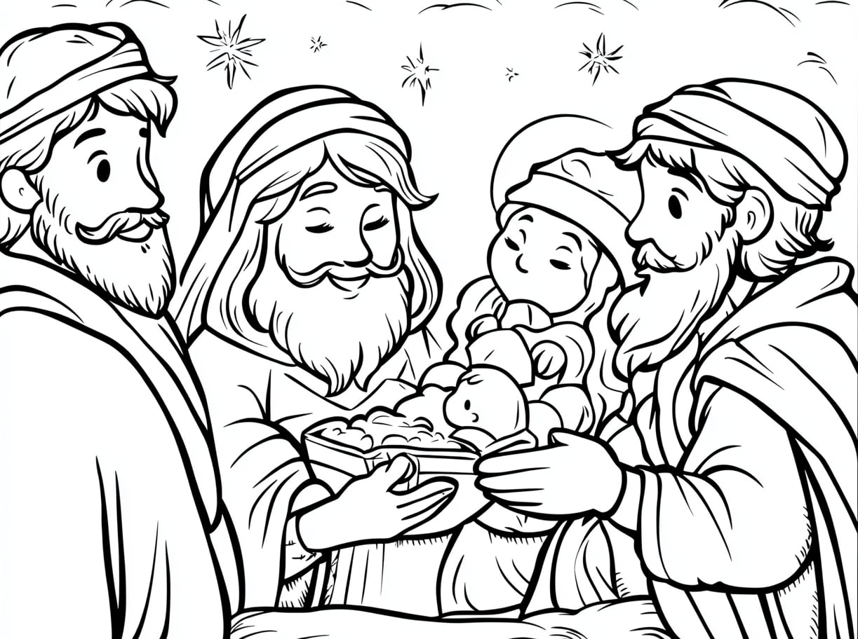 Jesus Is Born Coloring Pages, Jesus is born with the wise men bringing gifts