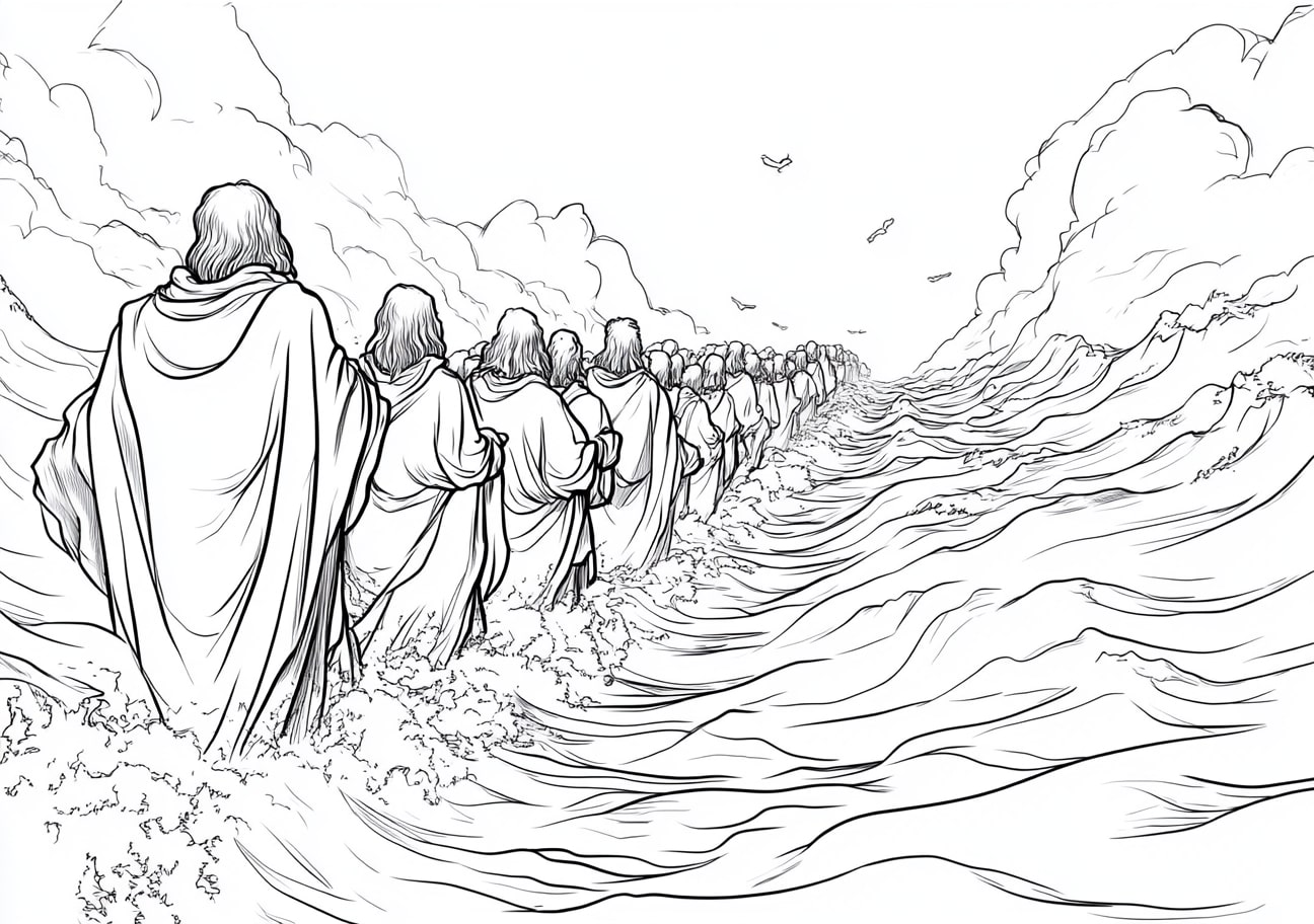 Israelites in Egypt Coloring Pages, Israelites crossing the Red Sea on dry land