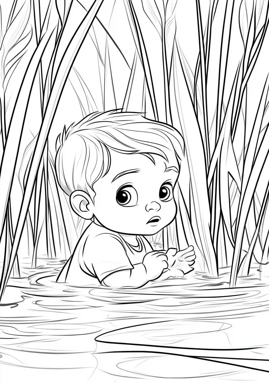 Baby Moses Coloring Pages, Baby Moses floating among the reeds