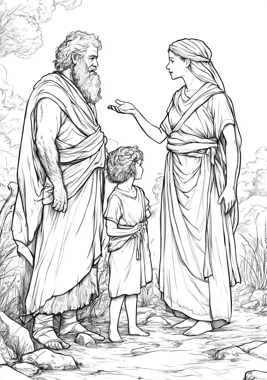 Isaac and Rebekah Coloring Pages, Rebekah and Isaacs first meeting with Abraham