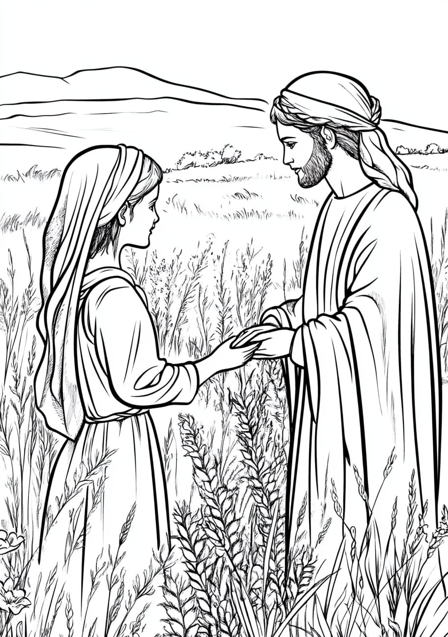 Ruth and Naomi Coloring Pages, Naomi and Ruth meeting Boaz in the field