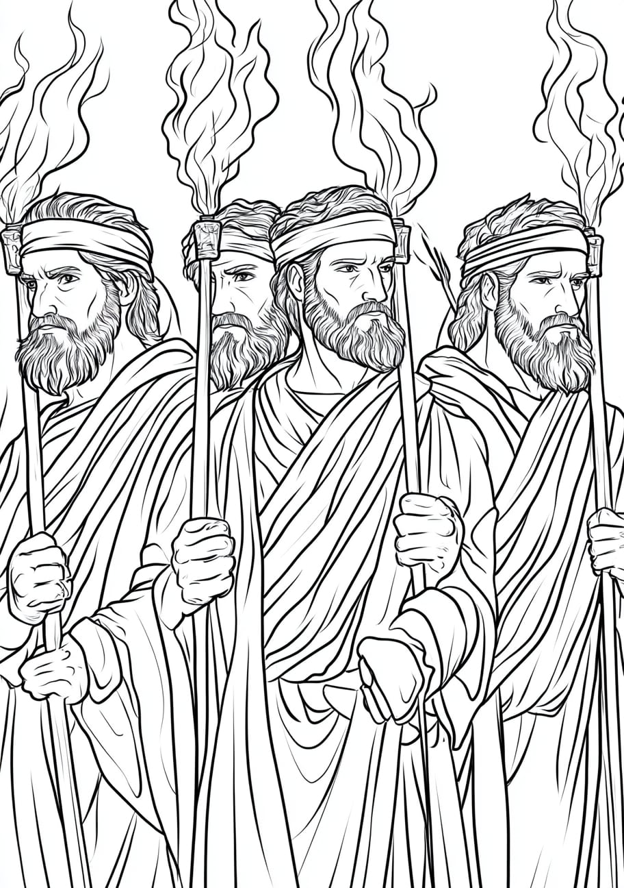 Judge Gideon Coloring Pages, Gideons men holding torches in their hands